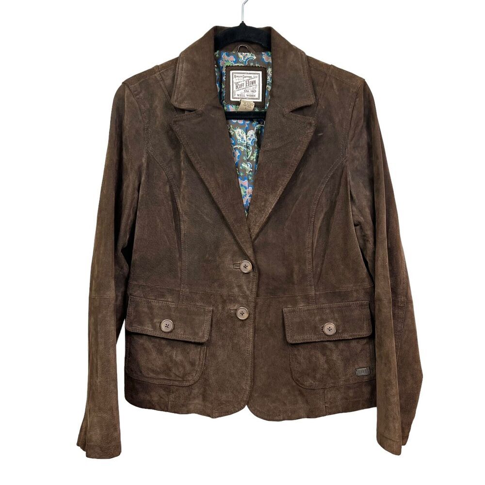 Ruff Hewn Womens Brown Leather Jacket Notch Collared Lined Button Flap Pockets L